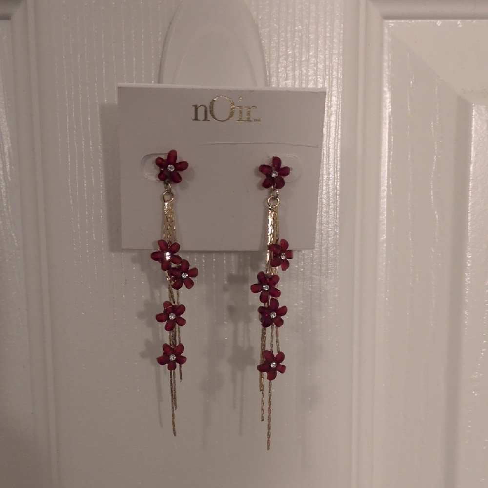 Noir Chandelier Drop Dangling Earrings Red Cherry Blossoms Gold Floral Bloom